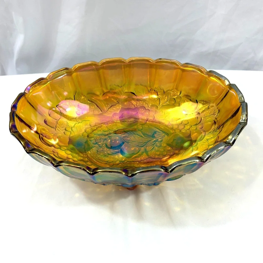 Vintage Amber Carnival Glass Footed Fruit Bowl– Iridescent Marigold Grape & Leaf